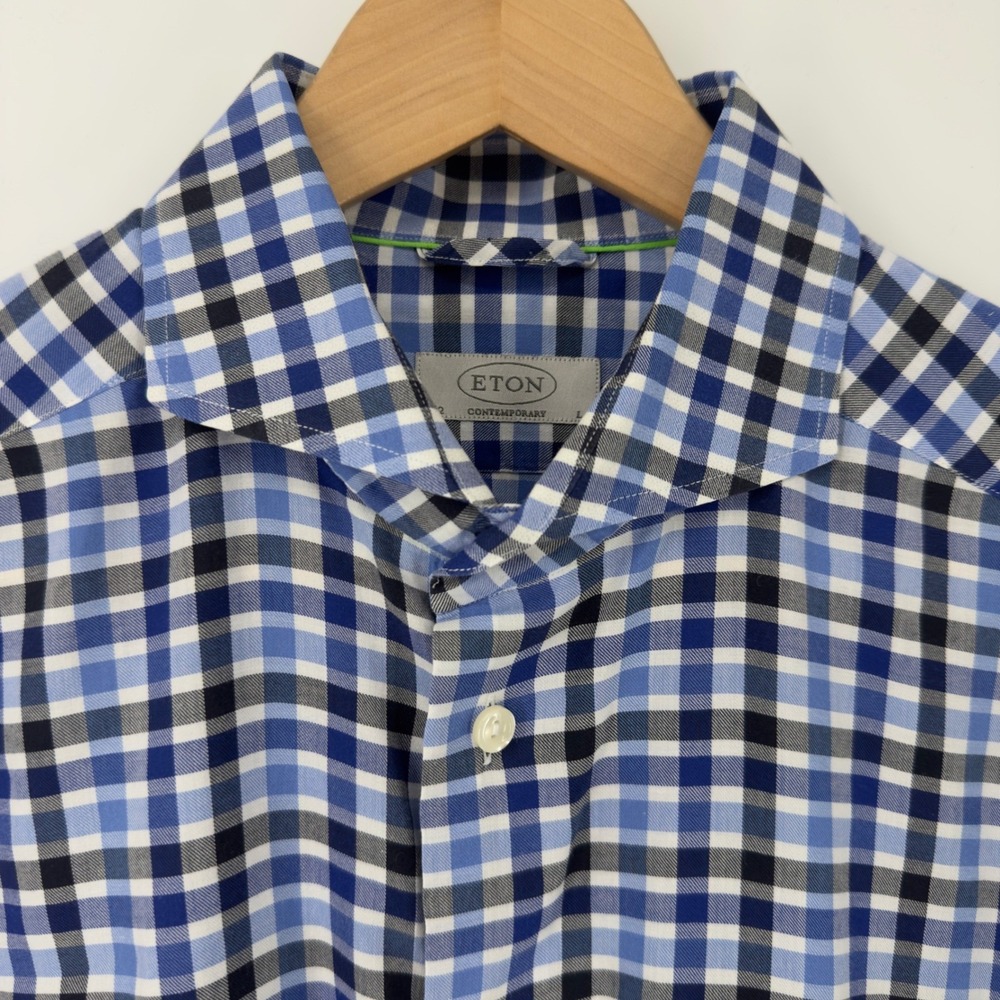 Eton Contemporary Blue Checkered Long Sleeve Button Up Shirt Mens Large